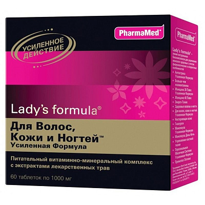 Lady's formula, Для волос, кожи и ногтей усиленная формула, PharmaMed, 1000 мг, 60 таблеток