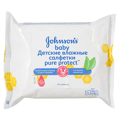 Детские влажные салфетки pure protect с экстрактом зеленого чая Johnson's Baby, 25 шт