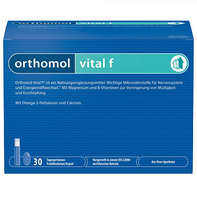 Orthomol Vital F Оптимальная дозировка микронутриентов для женщин Ортомол Витал Ф, питьевые бутылочки и капсулы на 30 дней