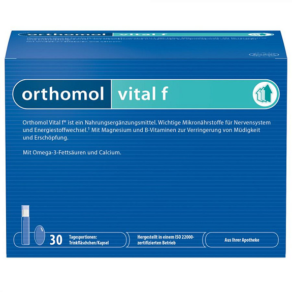 Orthomol Vital F Оптимальная дозировка микронутриентов для женщин Ортомол Витал Ф, питьевые бутылочки и капсулы на 30 дней
