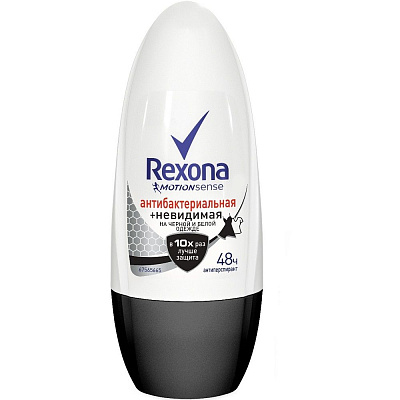 Шариковый антиперспирант Антибактериальная и невидимая на черном и белом Rexona, 50 мл