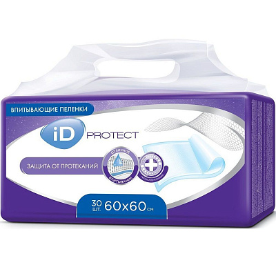 Пеленки одноразовые впитывающие ID Protect 60х60 см, 30 шт