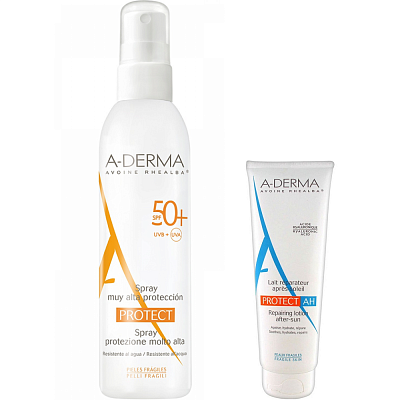 Набор A-Derma Protect солнцезащитный спрей SPF50+, 200 мл + восстанавливающий лосьон после загара, 100 мл
