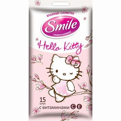 Влажные салфетки Smile Hello Kitty для детей дошкольного и школьного возраста, 15 шт