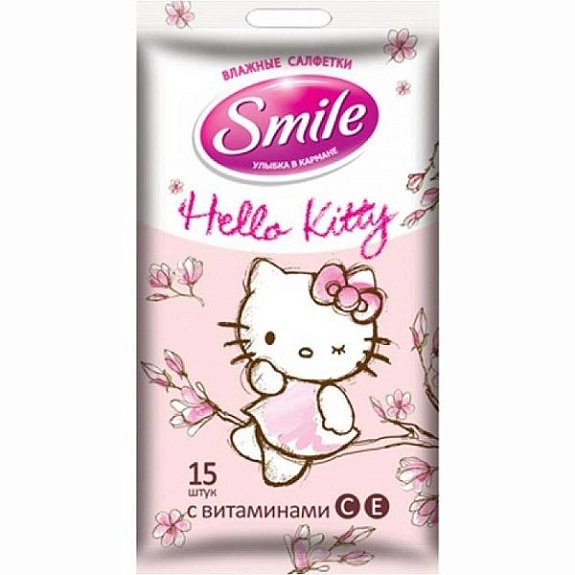 Влажные салфетки Smile Hello Kitty для детей дошкольного и школьного возраста, 15 шт