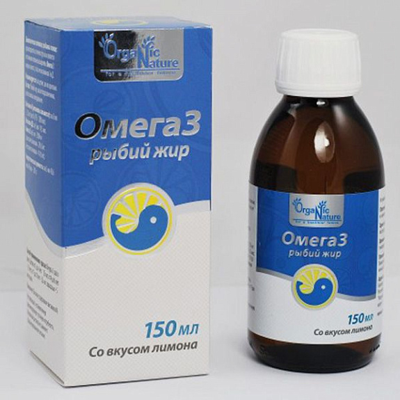 Омега 3 Рыбий жир со вкусом лимона Укрепит кости и улучшит зрение, Organic Nature, 5 мл, 150 мл