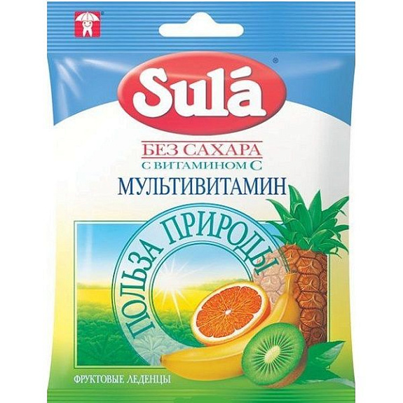 Фруктовые леденцы без сахара Sula мультивитаминные, 60 г