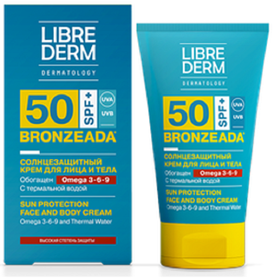 Солнцезащитный крем для лица и тела SPF50 с омега 3-6-9 и термальной водой Librederm Bronzeada, 150 мл