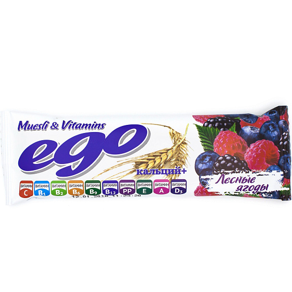 Батончик-мюсли Ego лесные ягоды с кальцием и витаминами в йогуртовой глазури, 25 г