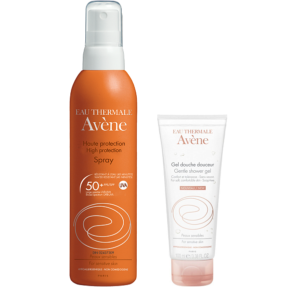 Набор Avene солнцезащитный спрей SPF50+ 200 мл + мягкий гель для душа, 100 мл