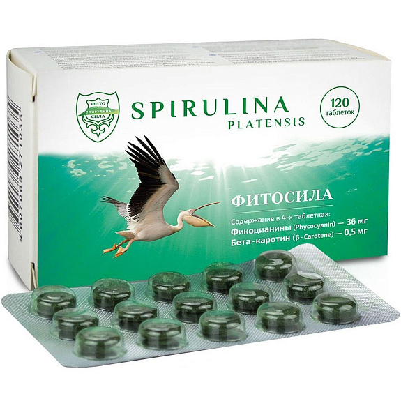 Спирулина Фитосила источник витаминов и аминокислот 350 мг, 120 таблеток