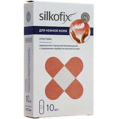 Набор бактерицидных пластырей с антисептиком для нежной кожи на нетканой основе Silkofix 19х72 мм, 10 шт