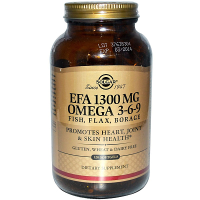 Комплекс жирных кислот EFA 1300 mg Omega 3-6-9 Solgar 1776 мг, 120 капсул