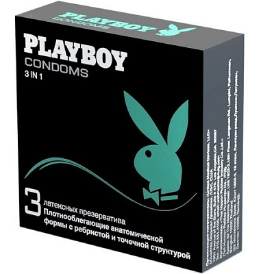 Презервативы плотнооблегающие анатомической формы с ребристой и точечной структурой 3 in 1 Playboy, 3 шт