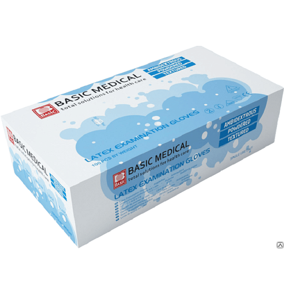 Смотровые нестерильные латексные перчатки Basic Medical Exam PP опудренные размер L, 100 шт (50 пар)