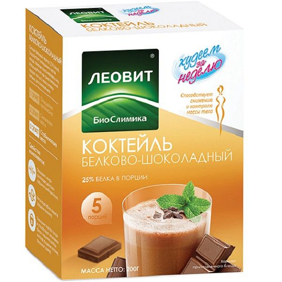 Коктейль для снижения веса Леовит белково-шоколадный Худеем за неделю, 5 порций