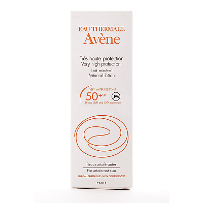 Солнцезащитное молочко Suncare SPF 50+ c минеральным экраном Avene, 100 мл