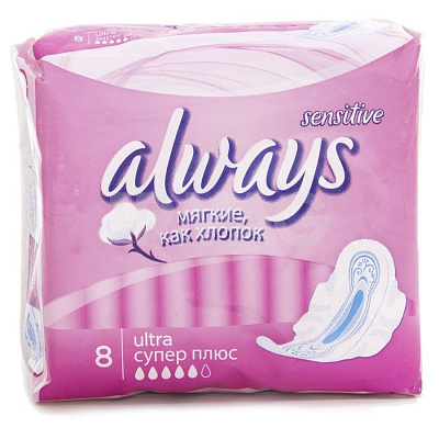 Прокладки гигиенические с крылышками Ultra Super Plus Sensitive Always, 8 шт