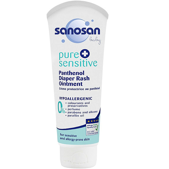 Крем под подгузник Sanosan Pure+ Sensitive для чувствительной и аллергической кожи с пантенолом, 100 мл