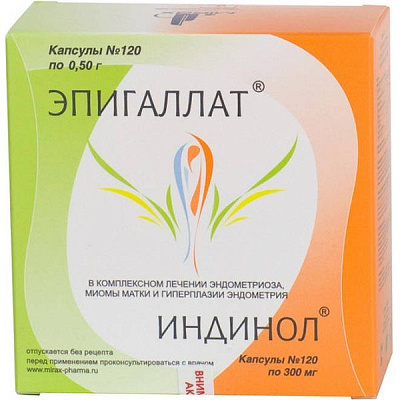 Препарат для лечения эндометриоза, миомы матки и гиперплазии эндометрия Индинол 120 шт + Эпигаллат 120 шт