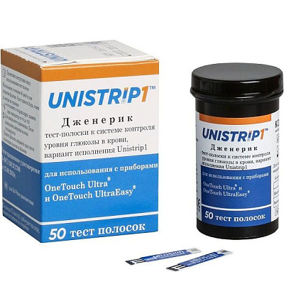 Тест-полоски Unistrip Дженерик для измерения уровня сахара в крови, 50 шт