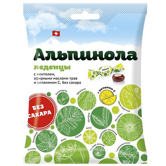 Леденцы с ментолом эфирными маслами трав и витамином с без сахара Альпинола, 75 г