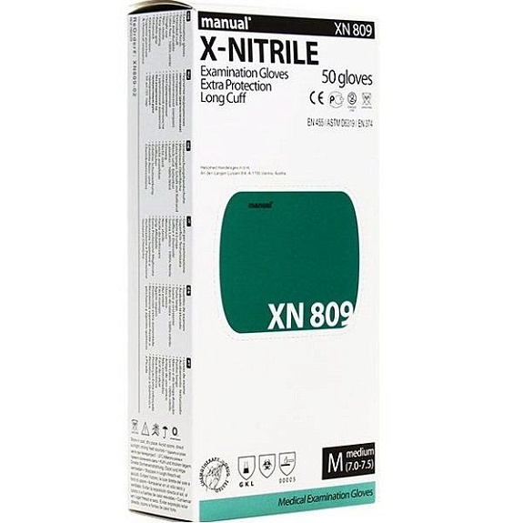 Смотровые нестерильные нитриловые перчатки Manual XN809 с удлиненной манжетой размер M, 50 шт