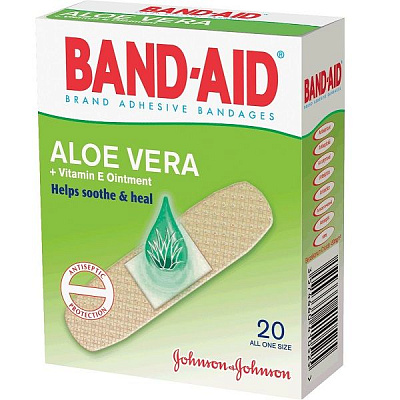 Антисептический лейкопластырь Band-Aid с алоэ и витамином Е, 20 шт