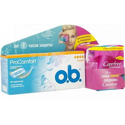 Тампоны O.b. ProComfort Super, 16 шт + салфетки супертонкие ежедневные Carefree with cotton feel, 20 шт