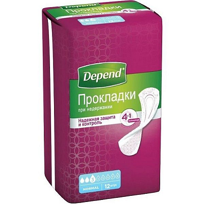Прокладки при недержании Depend Normal надежная защита и контроль, 12 шт
