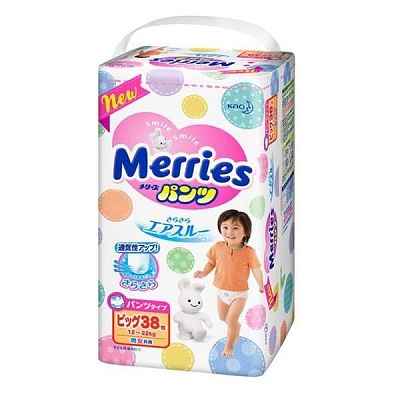 Подгузники-трусики для детей XL 12-22 кг Merries, 38 шт