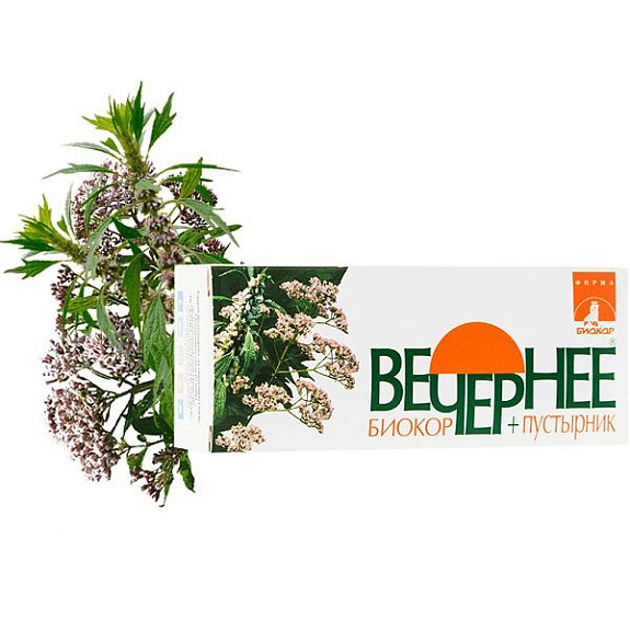 Успокаивающее средство Вечернее + пустырник Биокор против стресса, бессонницы и чувства тревоги, 60 шт