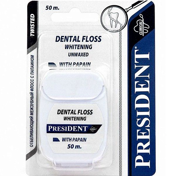 Отбеливающая зубная нить President с папаином, 50 м
