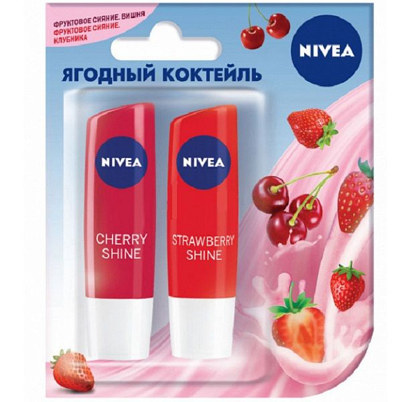Набор Nivea "Ягодный коктейль" бальзам для губ Фруктовое сияние клубника 4,8 г + бальзам для губ Фруктовое сияние вишня 4,8 г