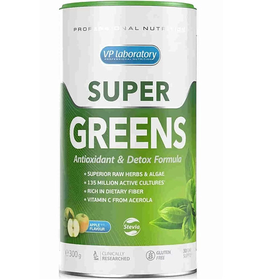 Super Greens премиум антиоксидант и мощная детокс-формула со вкусом яблока Vplab, 300 г