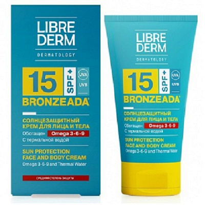 Солнцезащитный крем для лица и тела SPF15 с омега 3-6-9 и термальной водой Librederm Bronzeada, 150 мл