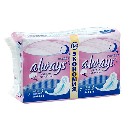 Прокладки гигиенические с крылышками Ultra Sensitive Night Duo Always, 14 шт