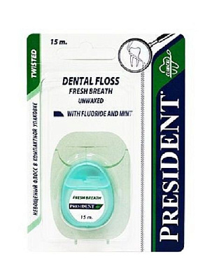 Межзубная невощеная нить President со фтором и вкусом мяты, 15 м